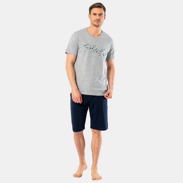 Türen Erkek Baskılı V Yaka Bermuda Şort Pijama Takım 4136/Grimelanj