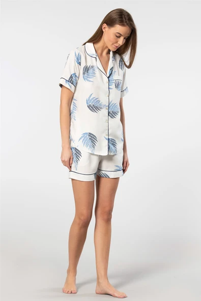 Türen Kadın Desenli Dokuma Şort Pijama Takım 3605/Ekru - 4