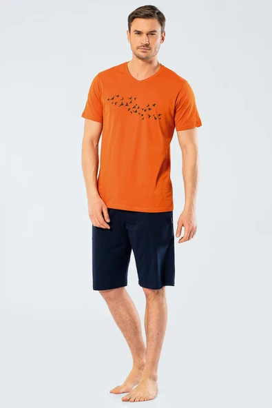Türen Erkek Baskılı V Yaka Bermuda Şort Pijama Takım 4136/Kiremit - 4