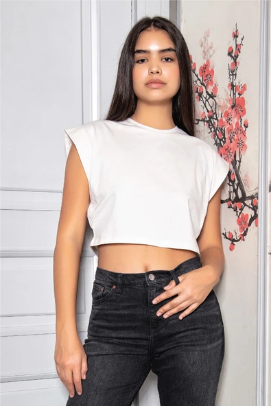 Türen Kadın Vatka Görünümlü Crop T-shirt 3402/Beyaz - 4