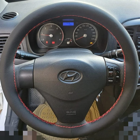 DİKİŞLİ DİREKSİYON KILIFI SİYAH DAMARLI DERİ KIRMIZI DİKİŞLİ HYUNDAİ ACCENT ERA İÇİN ürün görseli