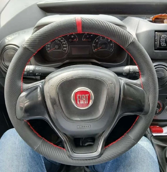 DİKİŞLİ DİREKSİYON KILIFI KARBON DERİ NOKTALI DERİ KIRMIZI YÜZÜK KIRMIZI DİKİŞLİ FIAT DOBLO İÇİN ürün görseli