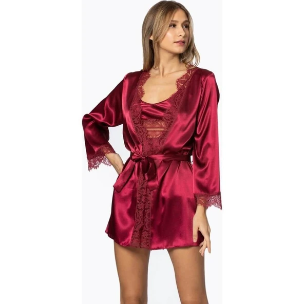 Pierre Cardin Saten 3lü Kimono Şort Takımı 2490 Bordo