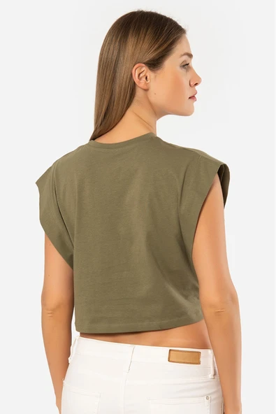 Türen Kadın Vatka Görünümlü Crop T-shirt 3402/Haki - 3