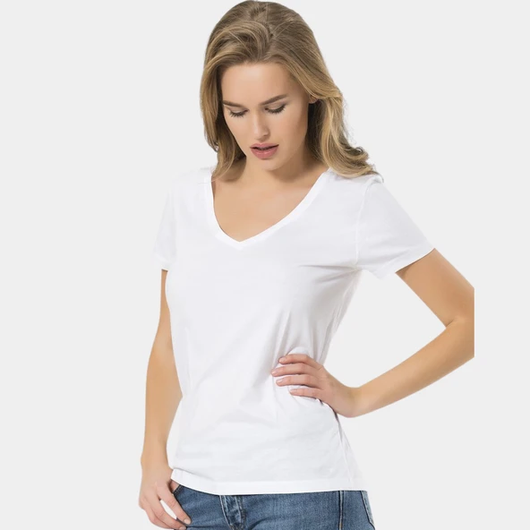 Wtshirt Milano Kısa Kol Derin V Yaka Kadın T-shirt Beyaz - 2