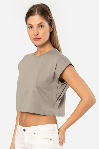 Türen Kadın Vatka Görünümlü Crop T-shirt 3402/Gri