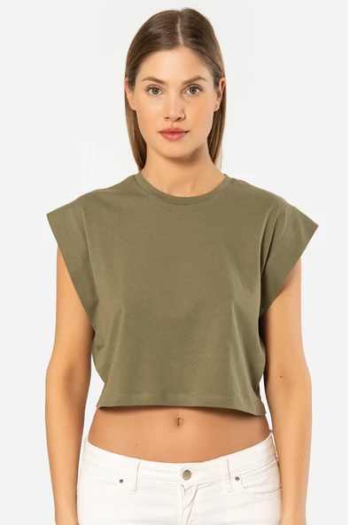 Türen Kadın Vatka Görünümlü Crop T-shirt 3402/Haki - 2
