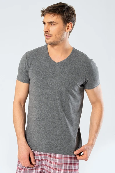 Cacharel Erkek V Yaka Likralı T-shirt 1332/Antrasit - 4