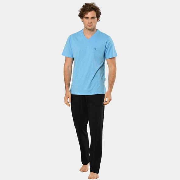 Cacharel Erkek Şantuklu V Yaka Nakışlı Kısa Kollu Pijama 2137/Mavi - 3