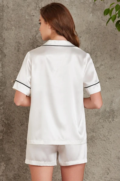 Pierre Cardin Saten Biyeli Şort Pijama Takımı Ekru 1205 - 5
