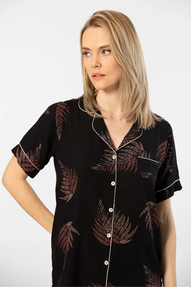 Türen Kadın Desenli Dokuma Şort Pijama Takım 3605/Siyah - 6