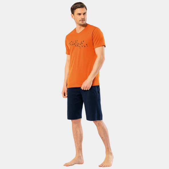 Türen Erkek Baskılı V Yaka Bermuda Şort Pijama Takım 4136/Kiremit - 2