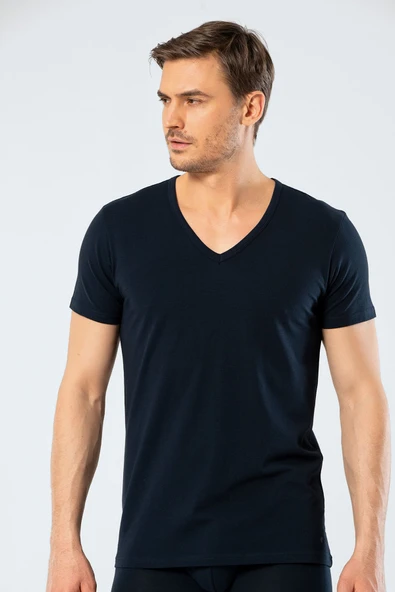 Cacharel Erkek Derin V Yaka Likralı T-shirt 1306/Lacivert - 2