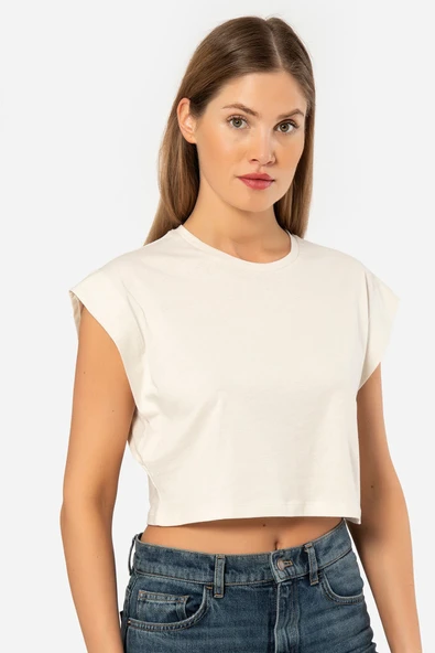 Türen Kadın Vatka Görünümlü Crop T-shirt 3402/Krem