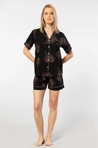 Türen Kadın Desenli Dokuma Şort Pijama Takım 3605/Siyah - 2