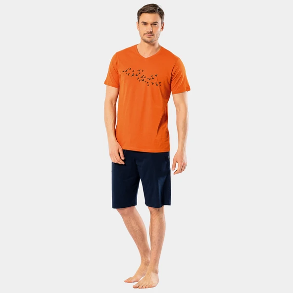 Türen Erkek Baskılı V Yaka Bermuda Şort Pijama Takım 4136/Kiremit - 3