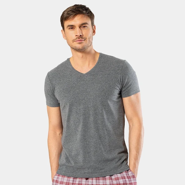 Cacharel Erkek V Yaka Likralı T-shirt 1332/Antrasit - 2