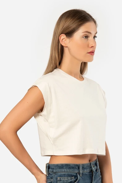 Türen Kadın Vatka Görünümlü Crop T-shirt 3402/Krem - 2