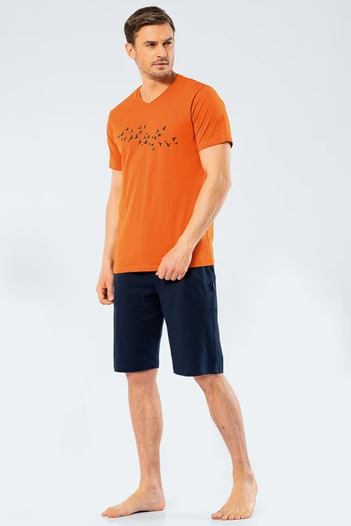 Türen Erkek Baskılı V Yaka Bermuda Şort Pijama Takım 4136/Kiremit - 5