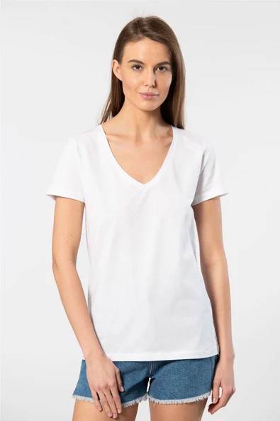 Wtshirt Milano Kısa Kol Derin V Yaka Kadın T-shirt Beyaz - 4