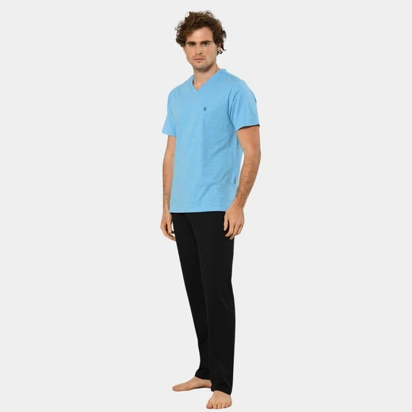 Cacharel Erkek Şantuklu V Yaka Nakışlı Kısa Kollu Pijama 2137/Mavi - 4