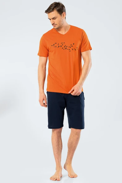 Türen Erkek Baskılı V Yaka Bermuda Şort Pijama Takım 4136/Kiremit - 6