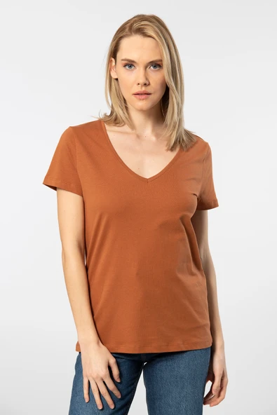 Wtshirt Milano Kısa Kol Derin V Yaka Kadın T-shirt Tarçın - 4