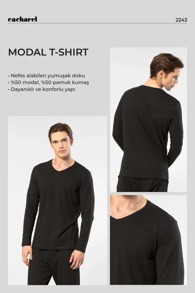 Cacharel Erkek Modal Pamuk V Yaka T-shirt 2243/Siyah - 2
