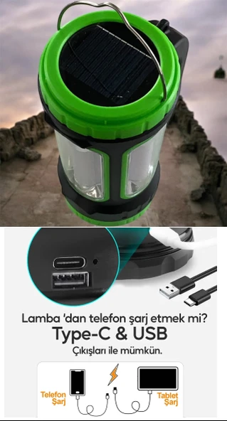 Büyük Boy Kamp Lambası Solar Güneş Enerjili Işıldak El Feneri - 2