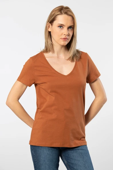 Wtshirt Milano Kısa Kol Derin V Yaka Kadın T-shirt Tarçın - 3