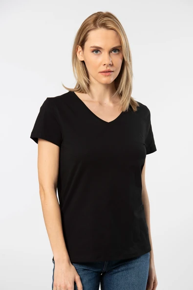 Wtshirt Siyah Venice Kısa kollu V Yaka Kadın T-Shirt - 2