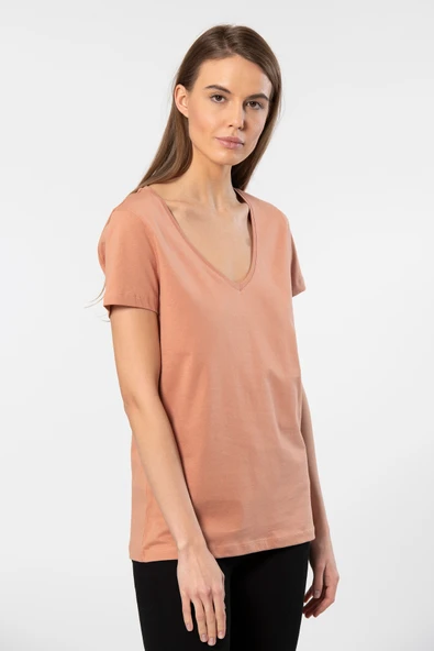 Wtshirt Milano Kısa Kol Derin V Yaka Kadın T-shirt Somon - 2