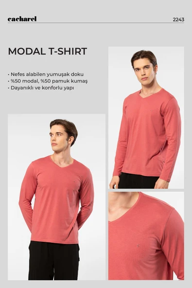 Cacharel Erkek Modal Pamuk V Yaka T-shirt 2243/Mercan - 2