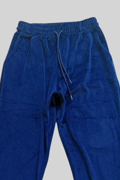 Parlak Kadife Cepli Pantolon Eşofman Pijama Altı Büyük Beden Unisex Lastikli Paça Lacivert - 2