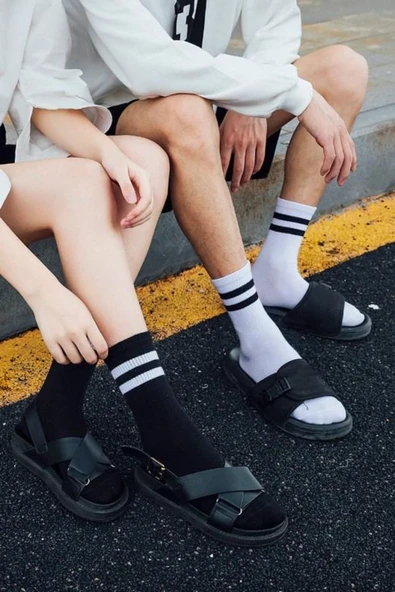 2'li Paket Unisex Kolej Çorabı Siyah Beyaz Çizgili - 2