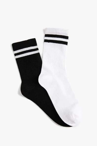 2'li Paket Unisex Kolej Çorabı Siyah Beyaz Çizgili - 3