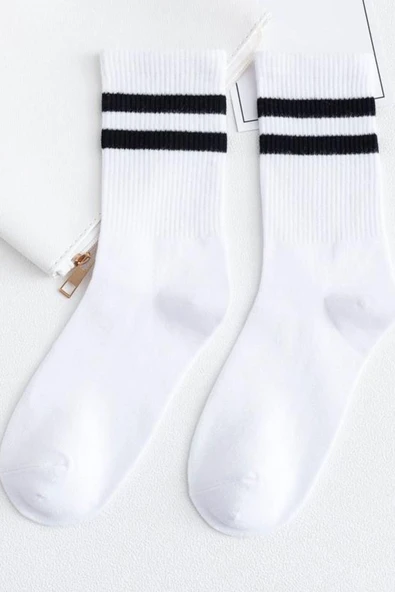 2'li Paket Unisex Kolej Çorabı Siyah Beyaz Çizgili - 6