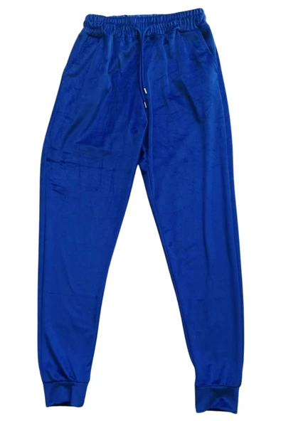 Parlak Kadife Cepli Pantolon Eşofman Pijama Altı Unisex Lastikli Paça Mavi