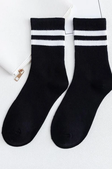 2'li Paket Unisex Kolej Çorabı Siyah Beyaz Çizgili - 5