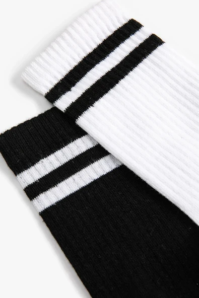 2'li Paket Unisex Kolej Çorabı Siyah Beyaz Çizgili - 4