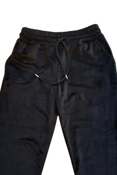 Parlak Kadife Cepli Pantolon Eşofman Pijama Altı Unisex Lastikli Paça Siyah - 2
