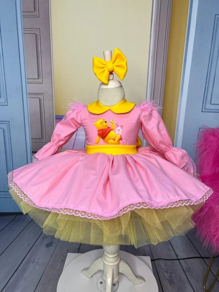 winnie the pooh çocuk elbisesi, winnie the pooh kostümü, pooh ayı tül elbise, pembe doğum günü elbisesi - Resim 9