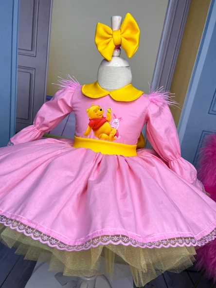 winnie the pooh çocuk elbisesi, winnie the pooh kostümü, pooh ayı tül elbise, pembe doğum günü elbisesi - Resim 10
