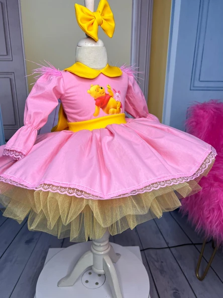 winnie the pooh çocuk elbisesi, winnie the pooh kostümü, pooh ayı tül elbise, pembe doğum günü elbisesi - Resim 7