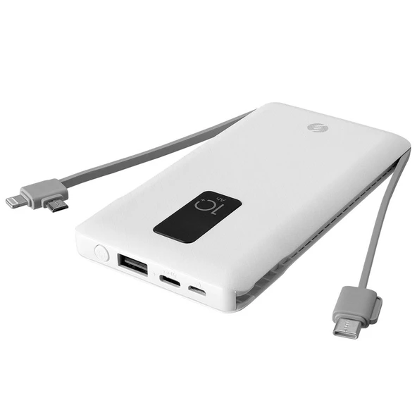 S-link 10000mAh Lightning+Micro+Type C Kablolu Powerbank Beyaz LCDli