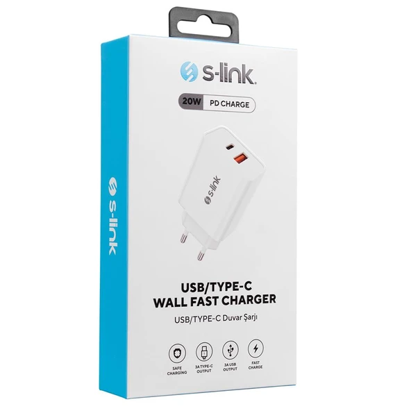 S-link 20W PD3.0-Quick Charge QC3.0 Type USB-C +USB A Hızlı Beyaz Ev Şarj Adaptör