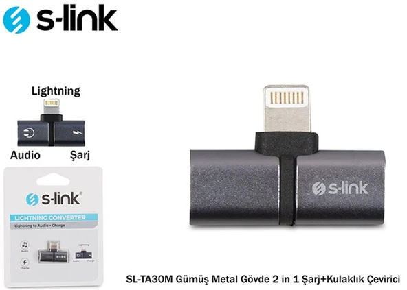 S-link Lightning Gümüş Metal Gövde 2 in 1 Şarj+Kulaklık Çevirici