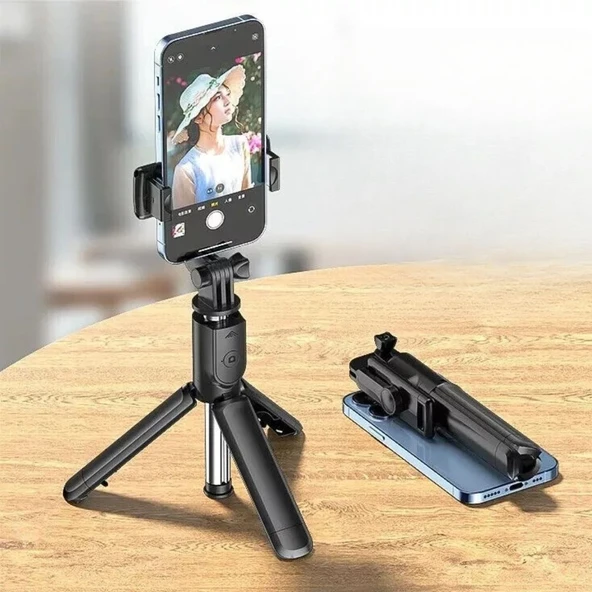 BUFFER® Masaüstü Tripod Olabilen Telefon Tutuculu Kablosuz Kumandalı Selfie Çubuğu