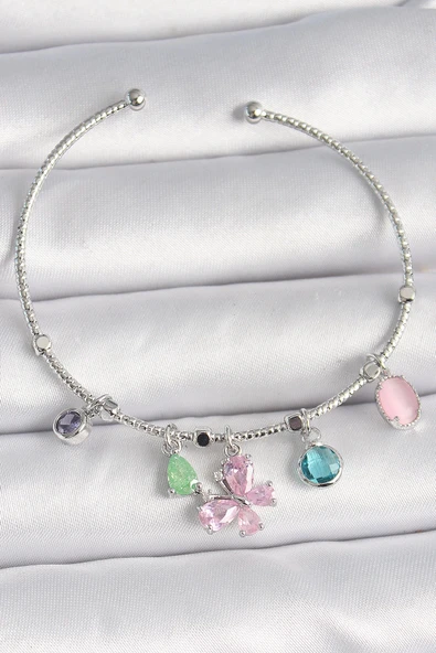 MuI MuI Pirinç Gümüş Renk Pembe Zirkon Taşlı Kelebek Figür Sallantı Detaylı Charm Kadın Bileklik