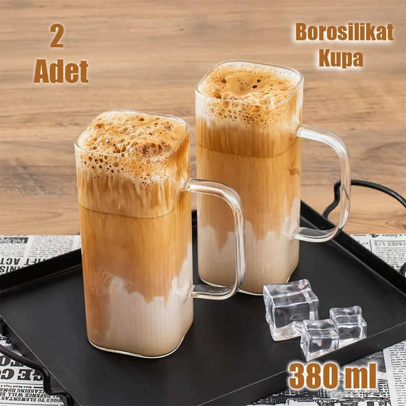 Porsima 2'li Borosilikat Isıya Dayanıklı Latte Bardağı Su Bardağı Sunumluk Cam Kupa Bardak 2 Adet 380 ml